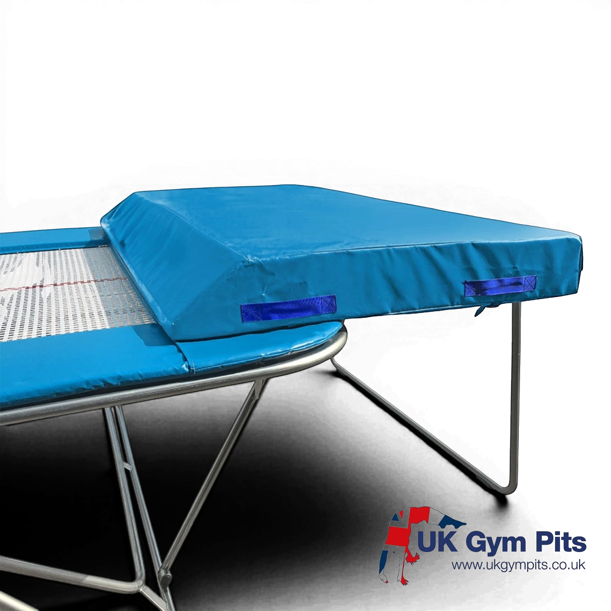 UK Gym Pits economy blue spotting end deck with silver frame and wedged safety mat for trampolines