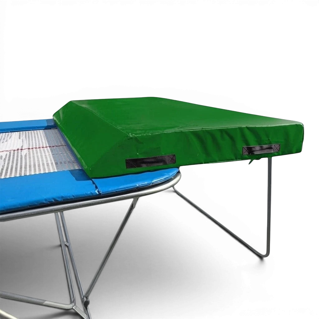 UK Gym Pits economy spotting end deck with a green wedged safety mat attached to a silver trampoline frame