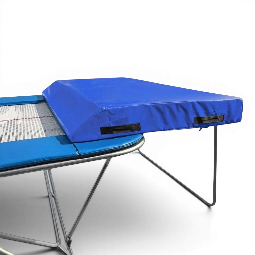 UK Gym Pits economy spotting end deck with blue PVC safety mat and silver folding frame for trampoline