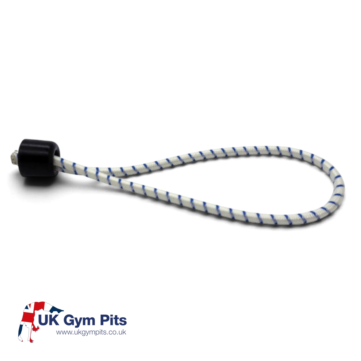 UK Gym Pits white and blue elastic loop with black plastic toggle for securing trampoline coverall frame pads