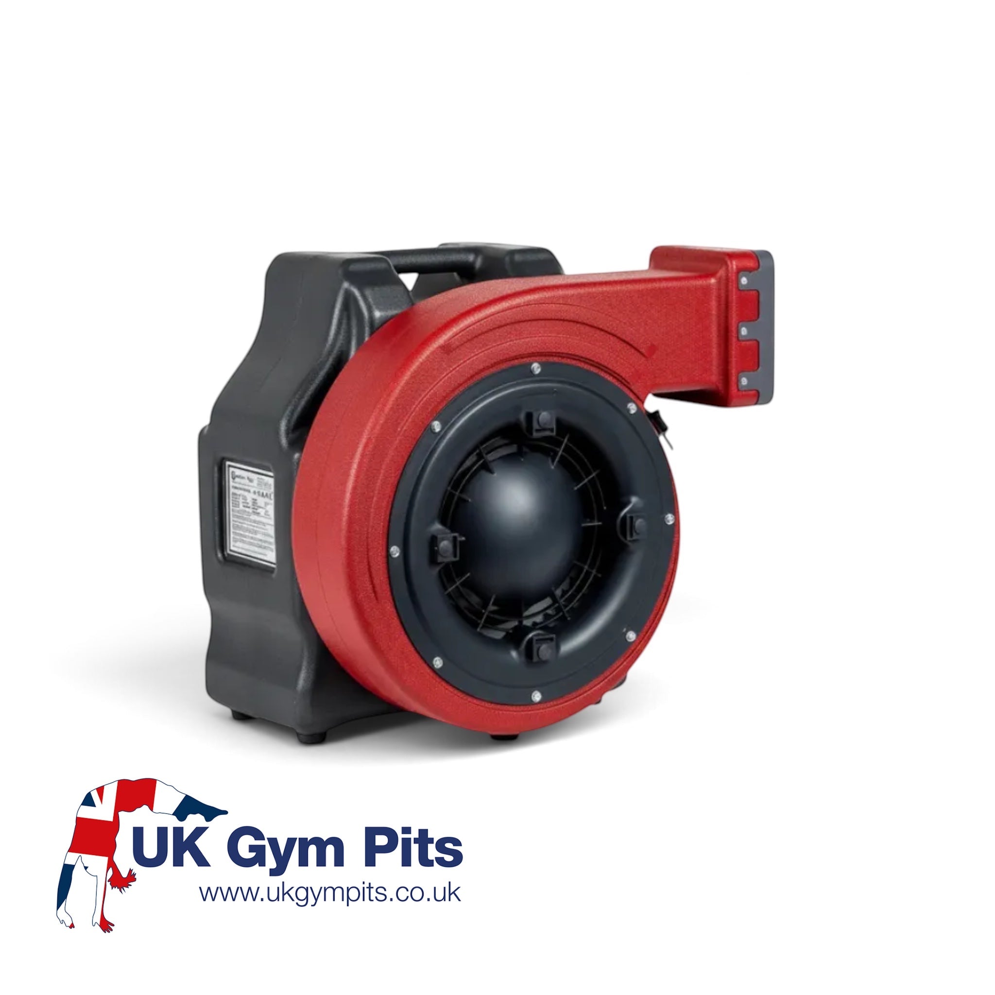 UK Gym Pits electric air blower in red and black for inflating gymnastics air tracks and gym equipment