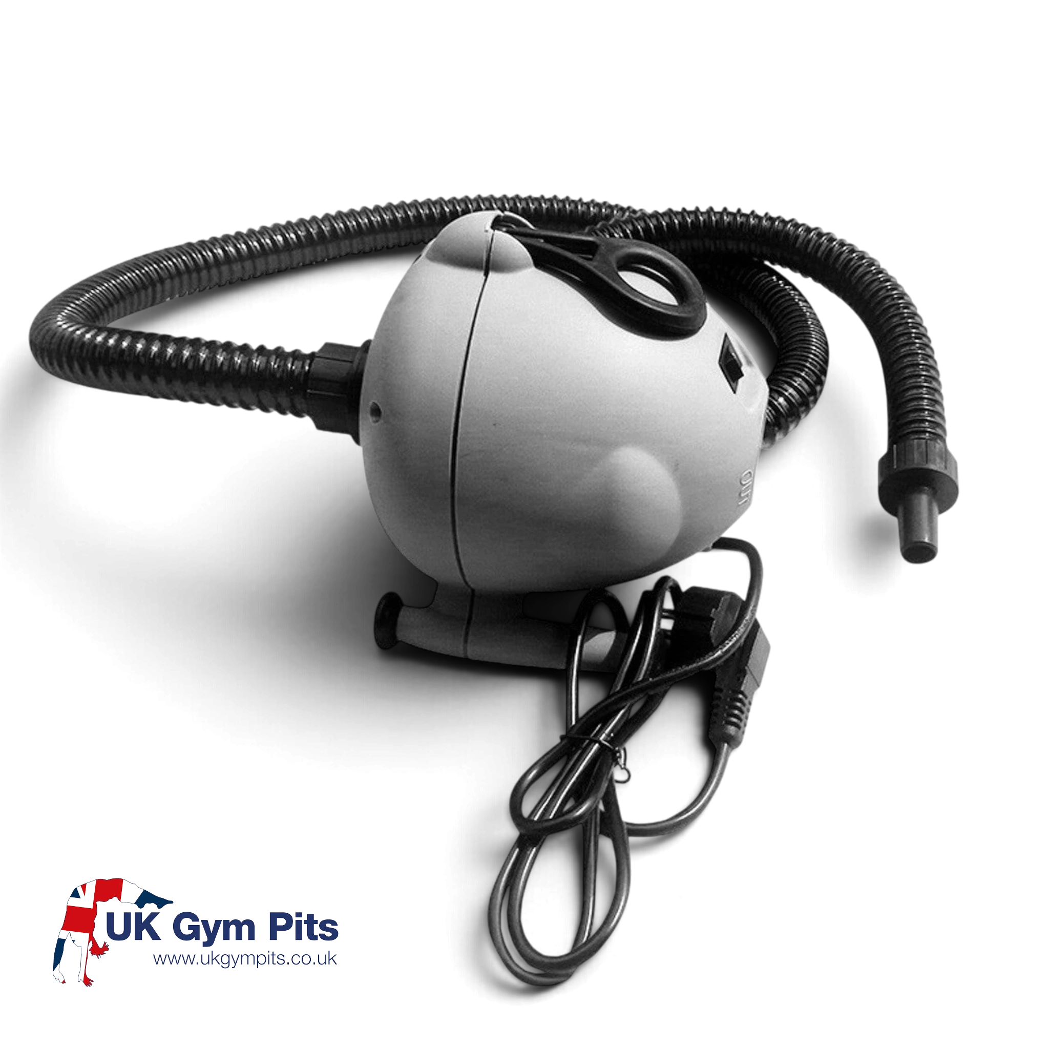 UK Gym Pits electric air pump with black hose and power cable for inflating gymnastics equipment