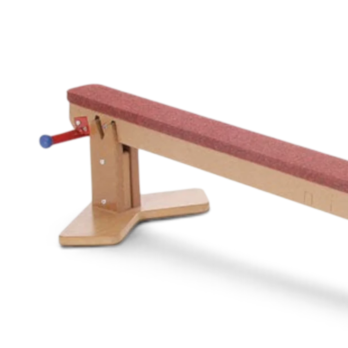 UK Gym Pits Eurobeam gymnastics balance beam with a red carpeted top and timber base in a low floor setting.