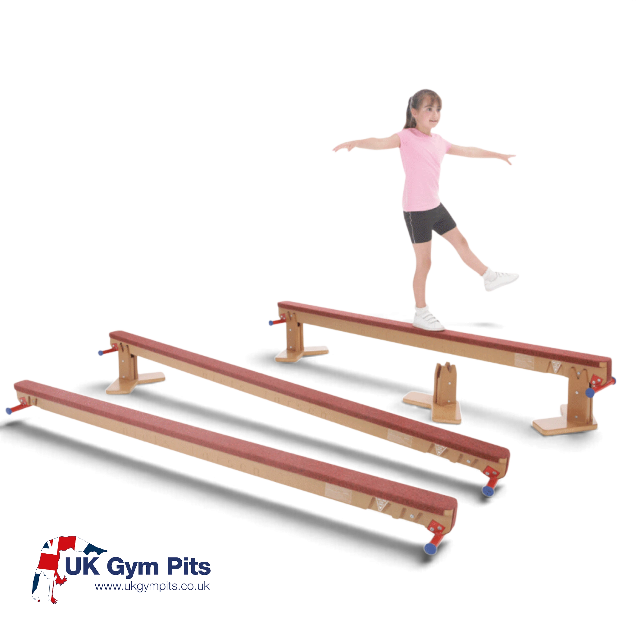 UK Gym Pits Eurobeam versatile timber gymnastics balance beam with carpeted surface and adjustable height settings