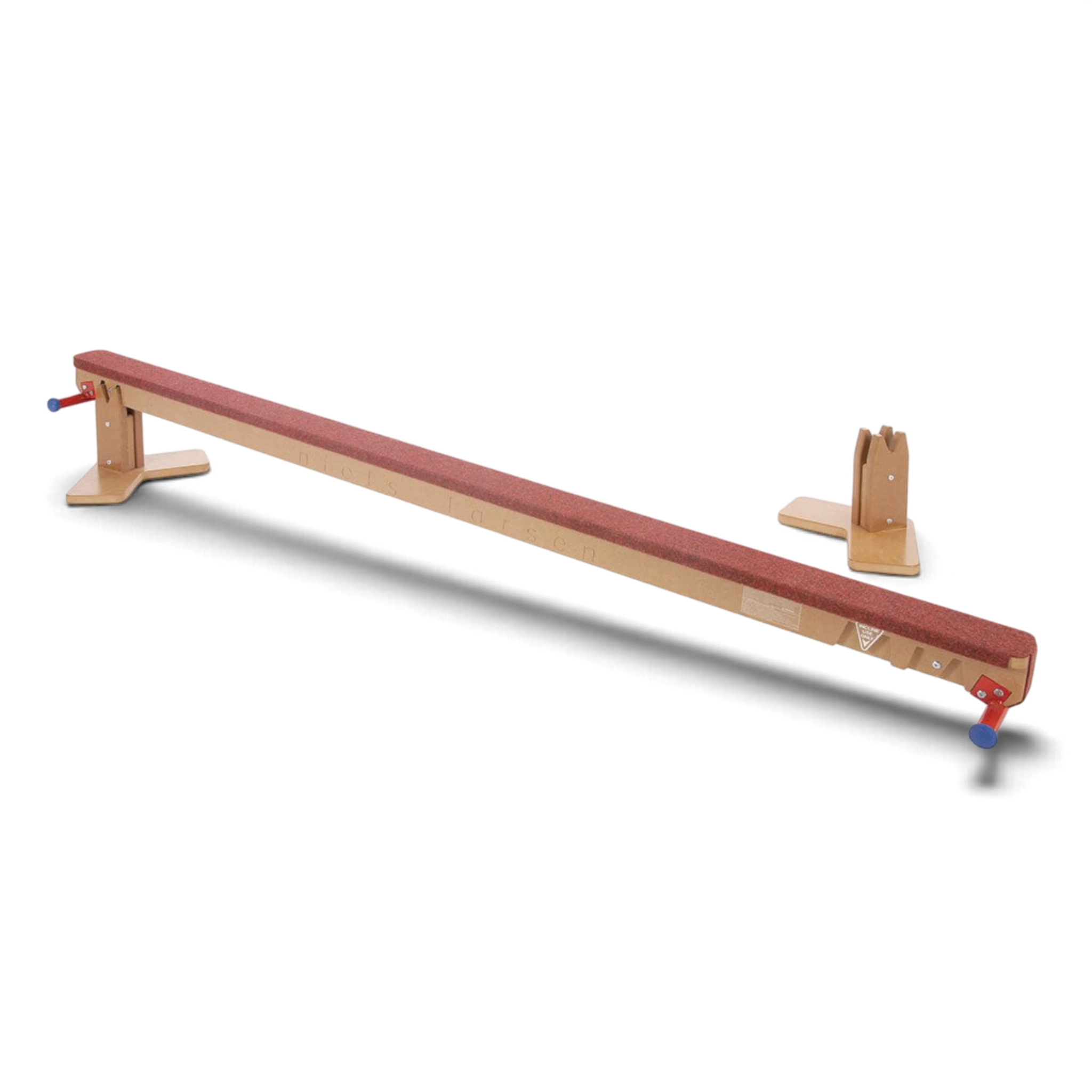 UK Gym Pits Eurobeam gymnastics balance beam with a red carpeted top and timber base for children's training