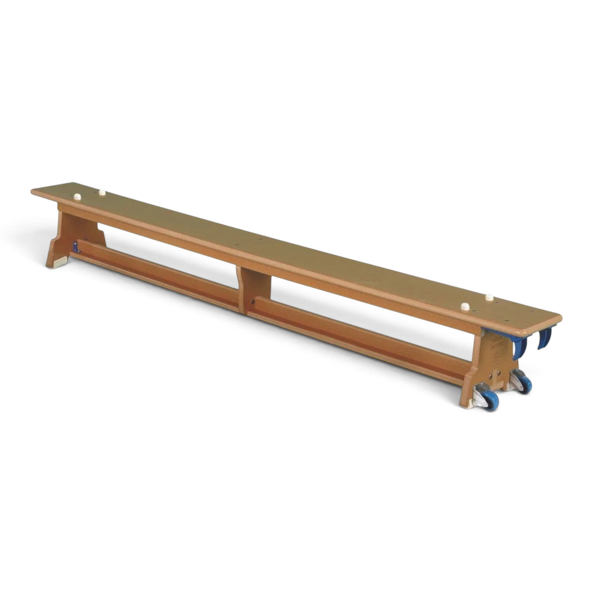 UK Gym Pits Eurobench wooden balance bench with nylon hooks, rubber feet, and transport castors for school gym use.