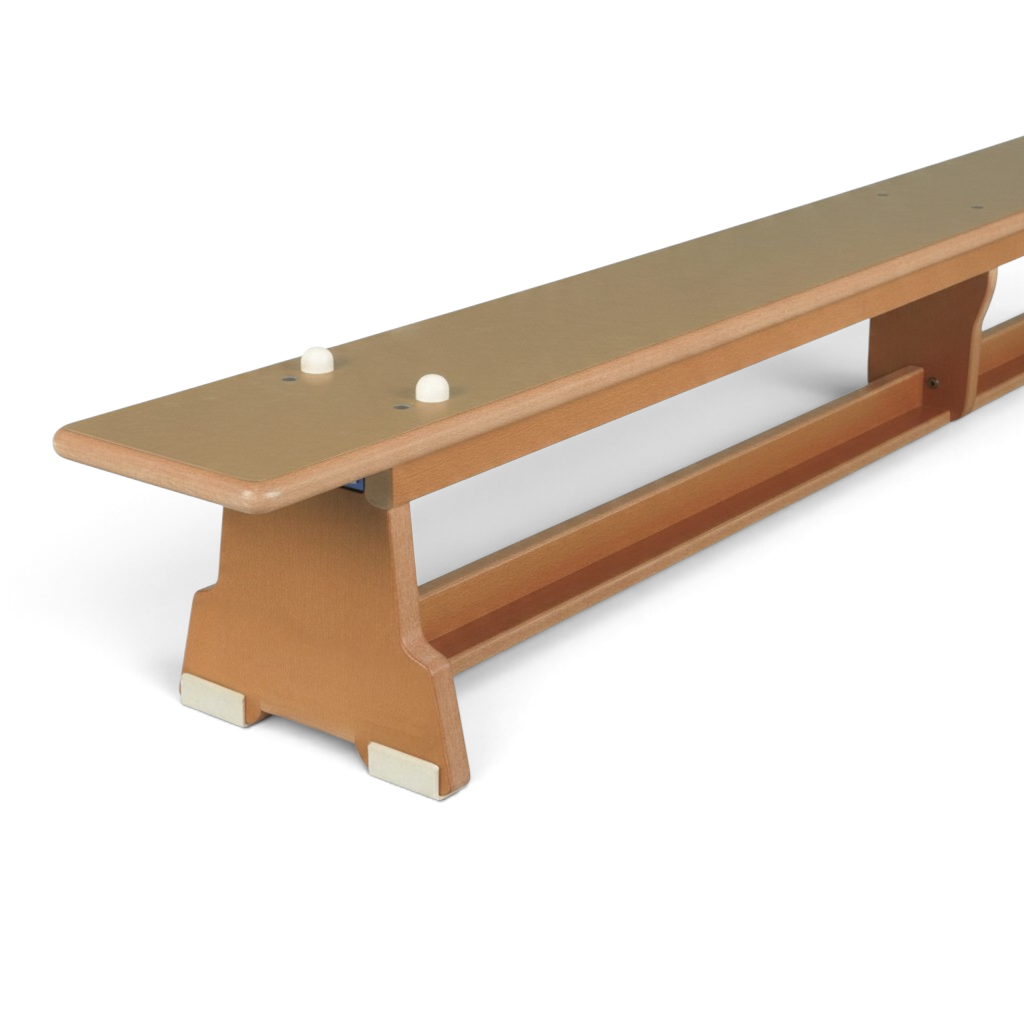 UK Gym Pits Eurobench wooden balance bench with clear varnish, anti-slip feet, and rubber buttons for inversion.