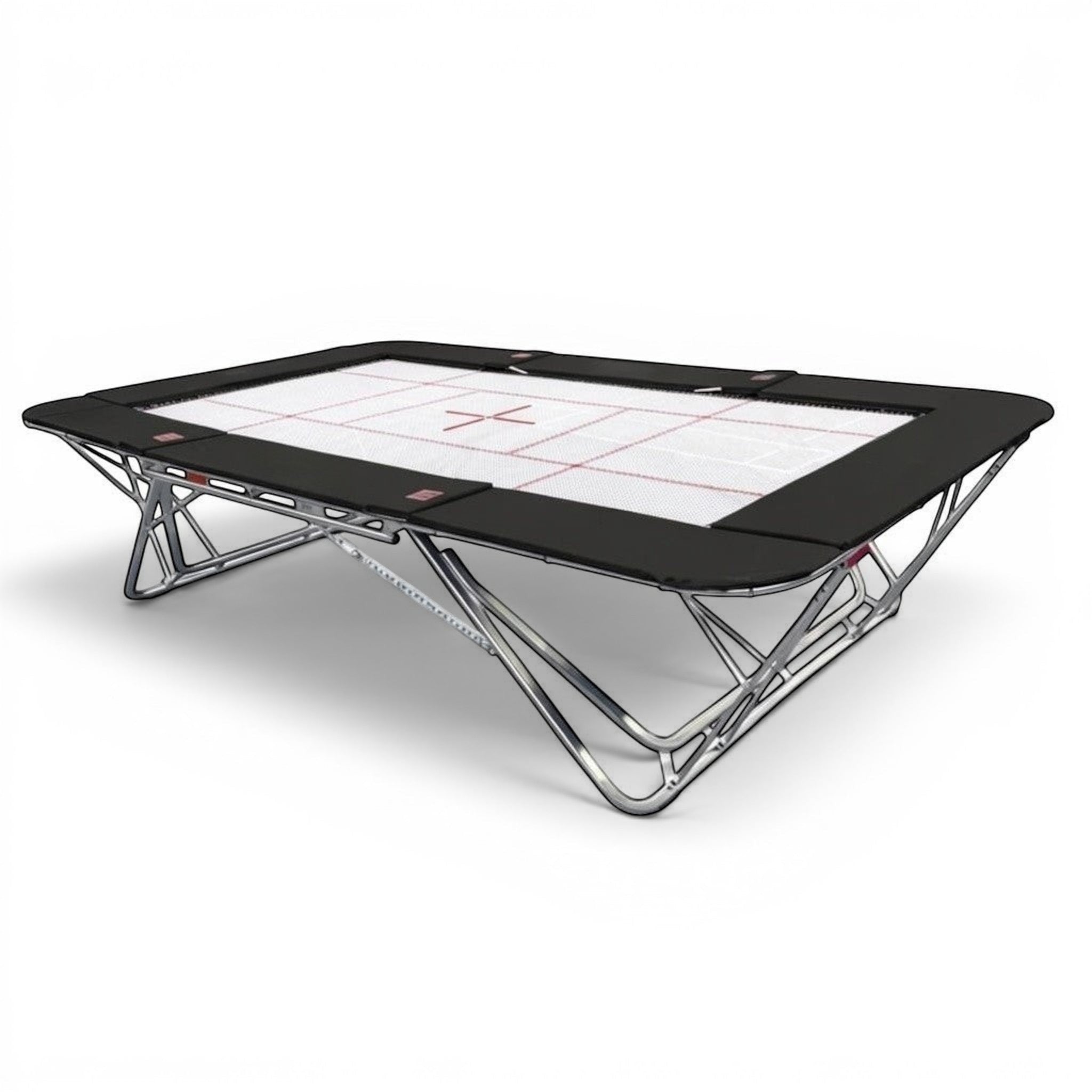 UK Gym Pits GM Extreme competition trampoline featuring a 6mm web bed with FIG markings and black frame pads.