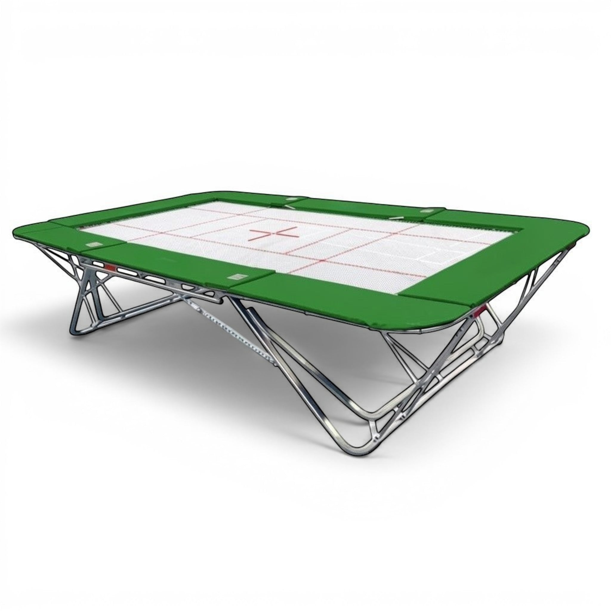 UK Gym Pits GM Extreme competition trampoline with a 6mm web bed and green frame pads on a white background