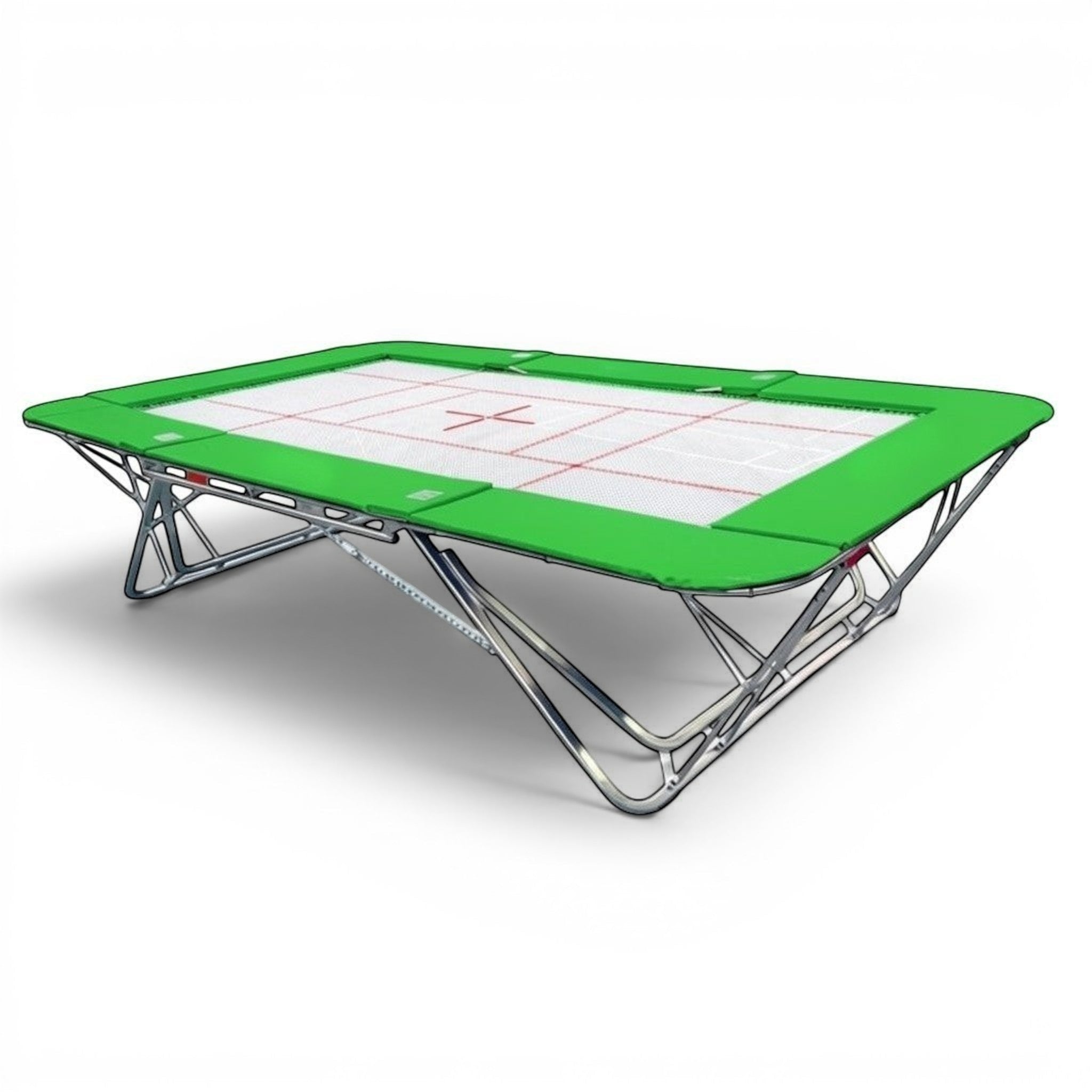 UK Gym Pits GM Extreme competition trampoline with a 6mm web bed, green frame pads, and steel base.