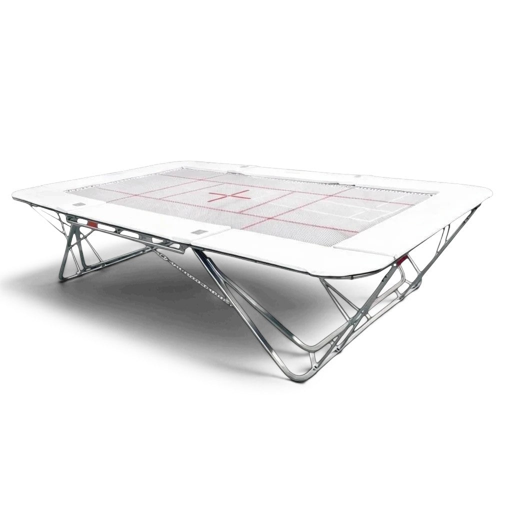 UK Gym Pits GM Extreme competition trampoline with 4mm by 6mm web bed and white protective frame pads