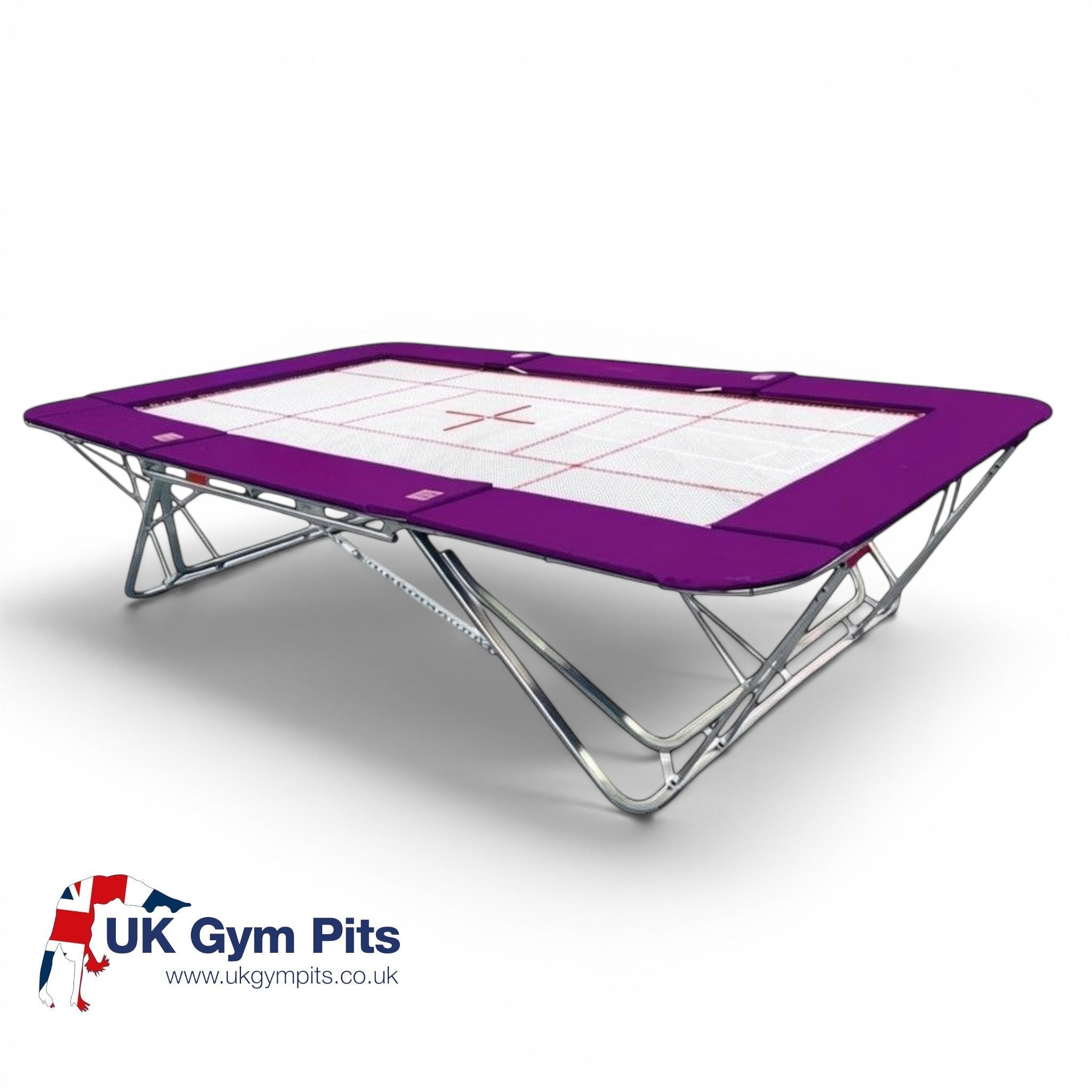 UK Gym Pits GM Extreme competition trampoline with a white 6mm web bed and purple protective frame pads.