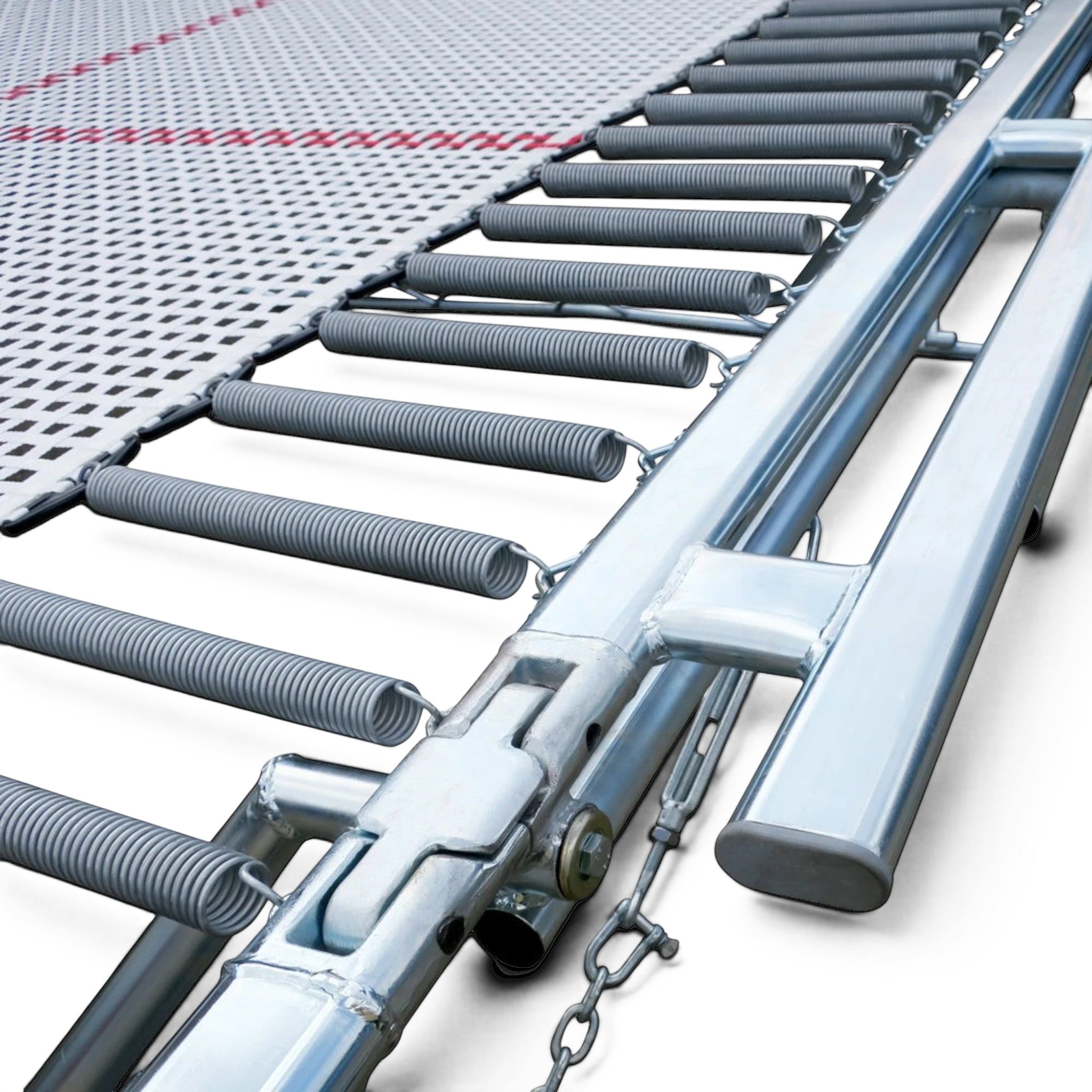 UK Gym Pits GM Extreme trampoline showing the 4mm by 6mm web bed, high tensile steel springs, and sturdy metal frame.