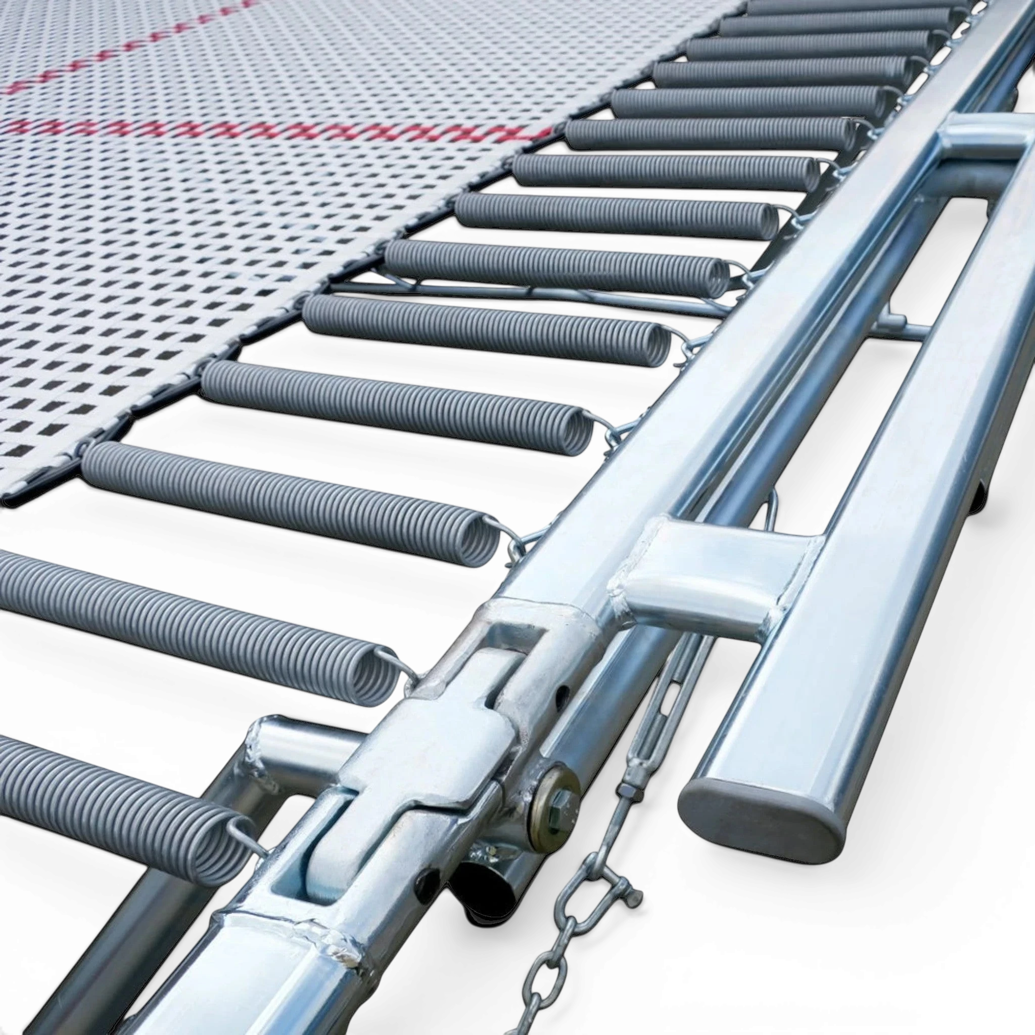 UK Gym Pits GM Extreme trampoline showing the 4mm by 6mm web bed, high tensile steel springs, and sturdy metal frame.
