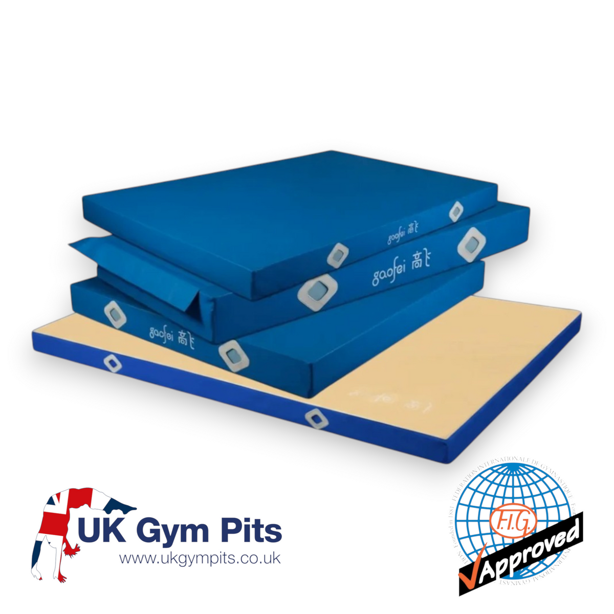UK Gym Pits FIG approved blue gymnastics landing mats with Gaofei branding and reinforced corners for safety.