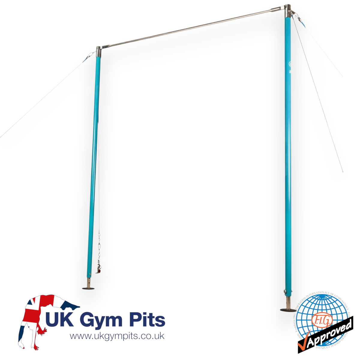 UK Gym Pits FIG approved gymnastics high bar with a blue tubular steel frame and stainless steel handrail.