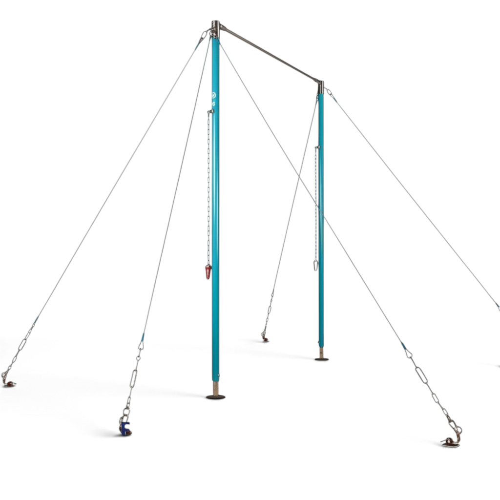 UK Gym Pits FIG approved blue high bar gymnastics equipment with stainless steel handrail and adjustable cables