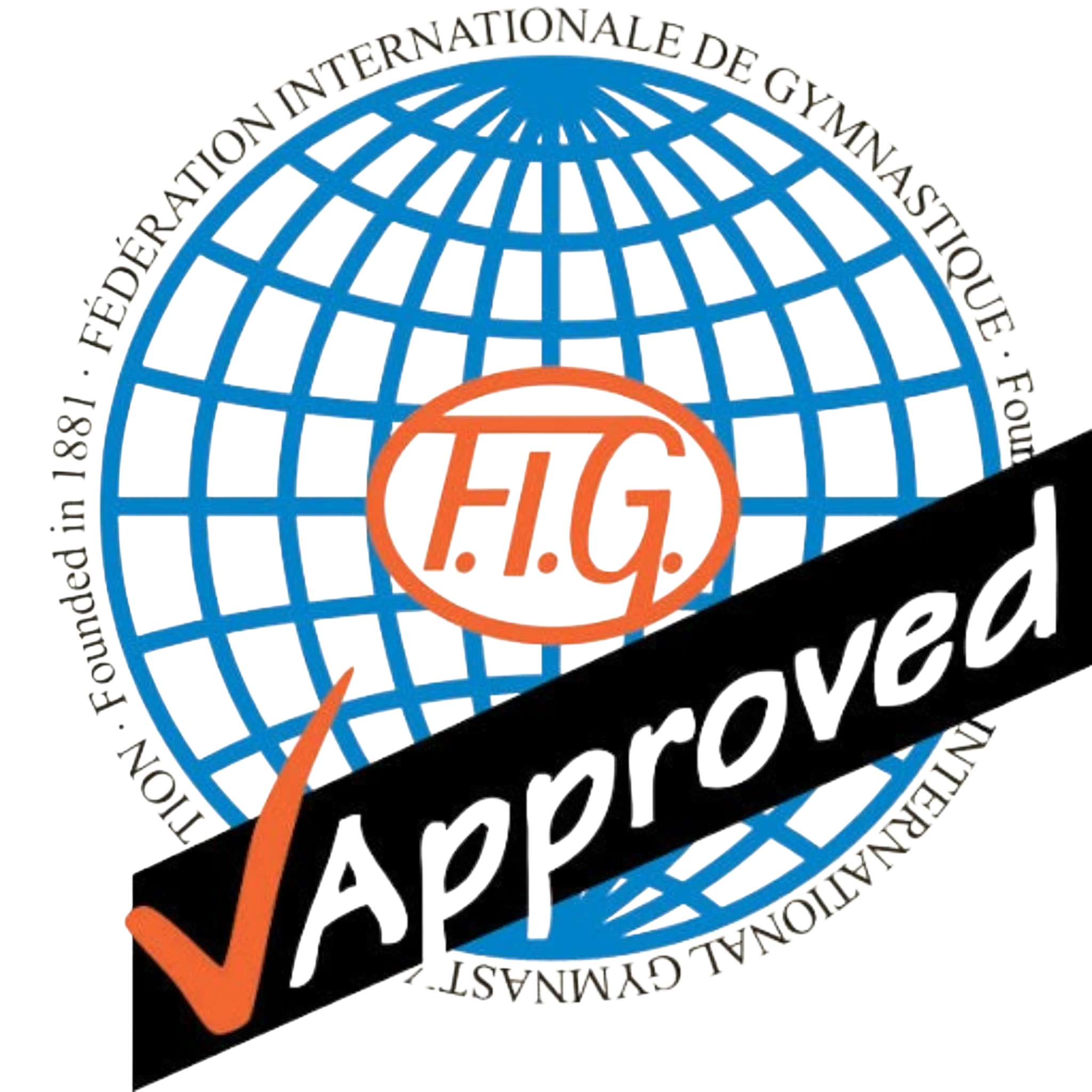 UK Gym Pits FIG approved certification logo for gymnastics equipment featuring a blue globe and orange lettering