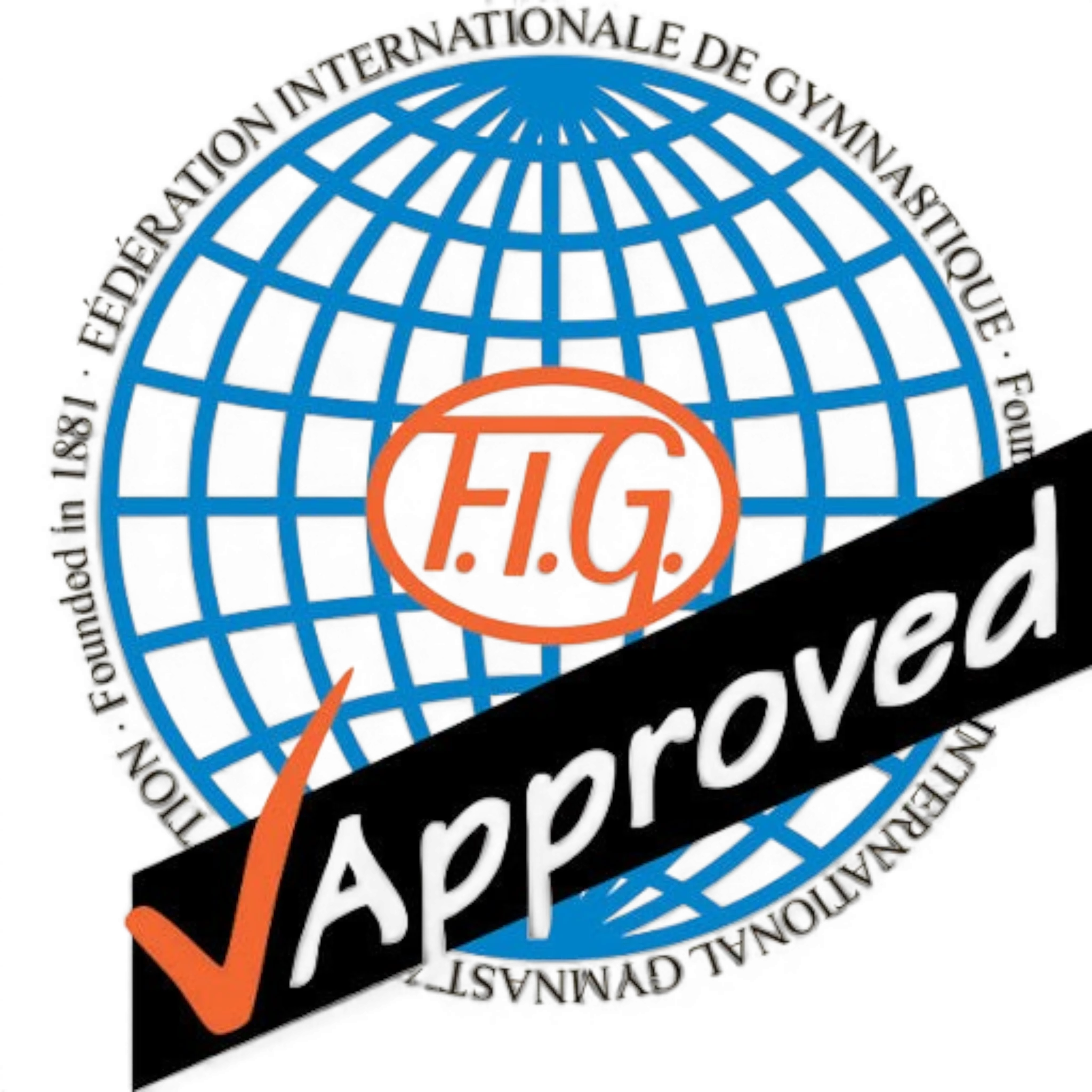 UK Gym Pits FIG approved certification logo for gymnastics equipment featuring a blue globe and orange text