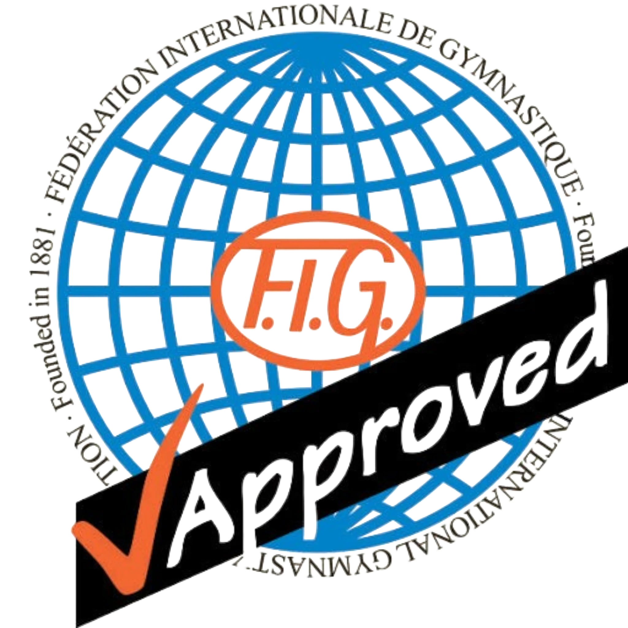 UK Gym Pits FIG approved logo for gymnastics vault landing mats, featuring a blue globe and orange lettering.