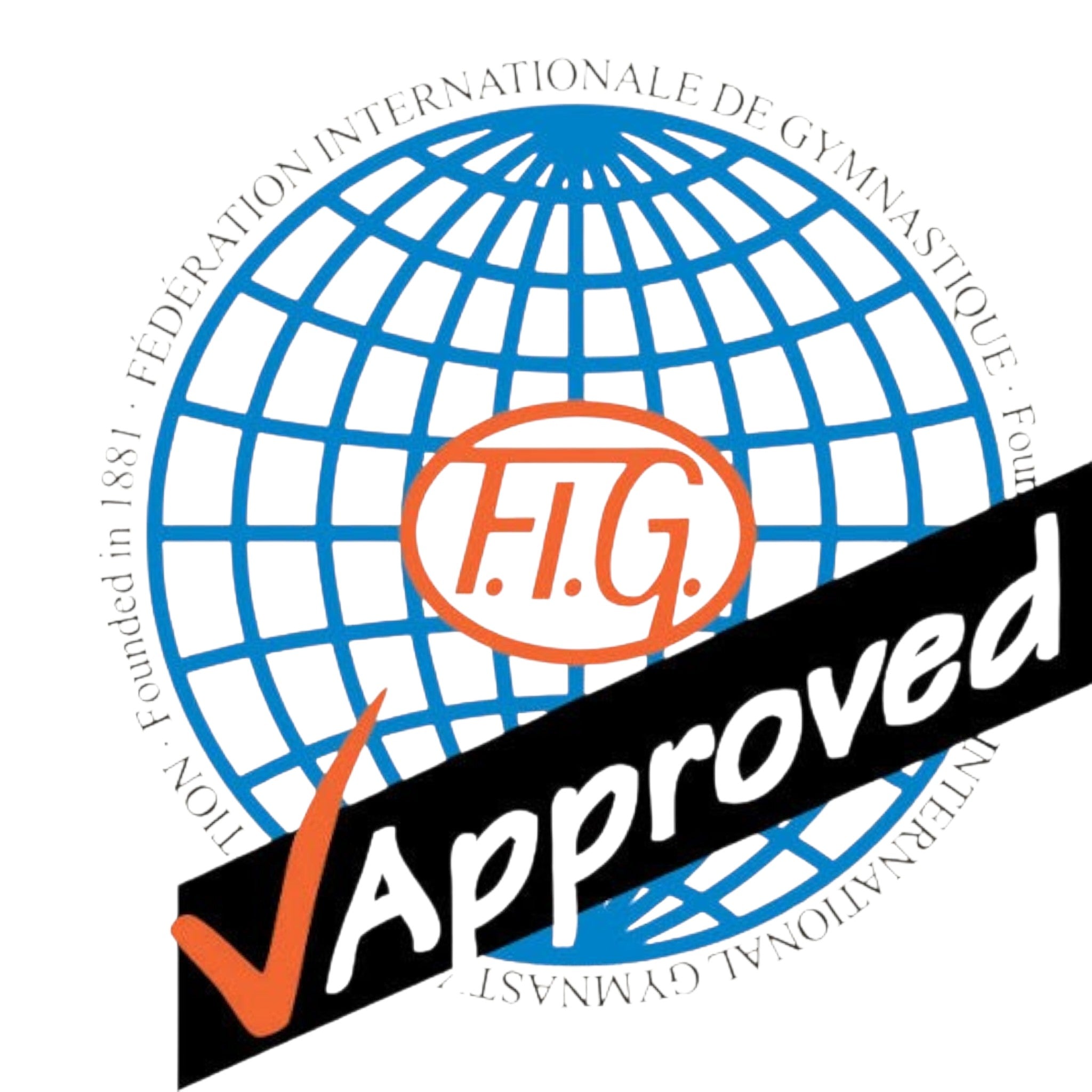 UK Gym Pits FIG approved logo for gymnastics equipment featuring a blue globe and orange oval emblem