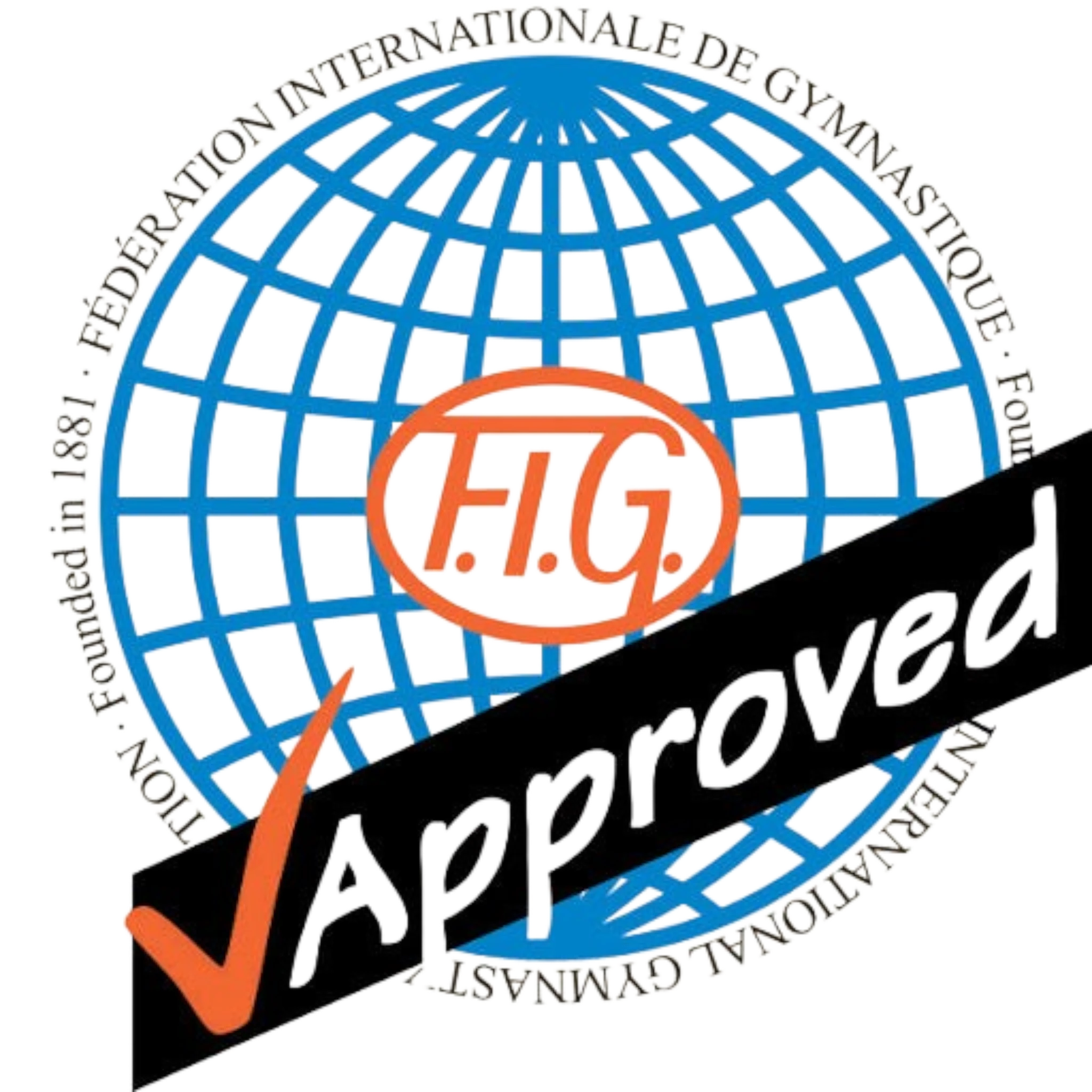 UK Gym Pits FIG approved certification logo for gymnastics equipment featuring a blue globe and orange lettering
