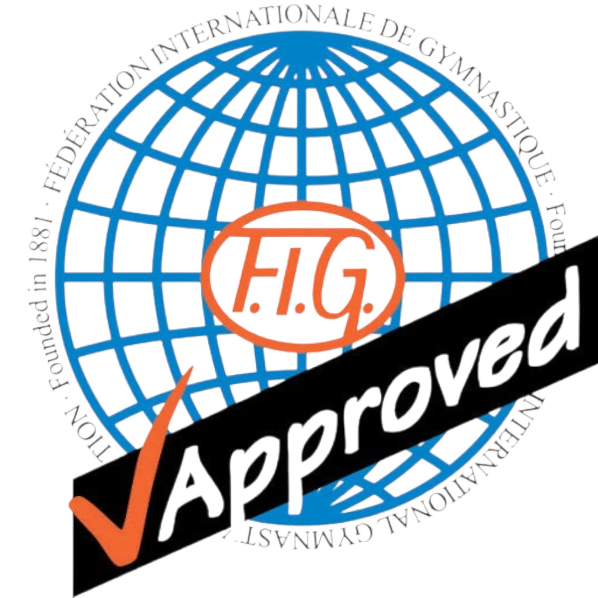 UK Gym Pits FIG approved certification logo for gymnastics equipment featuring a blue globe and orange lettering