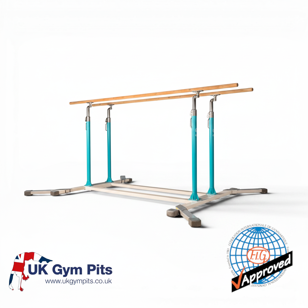 UK Gym Pits FIG approved parallel bars with wooden rails and teal reinforced steel frame for gymnastics training