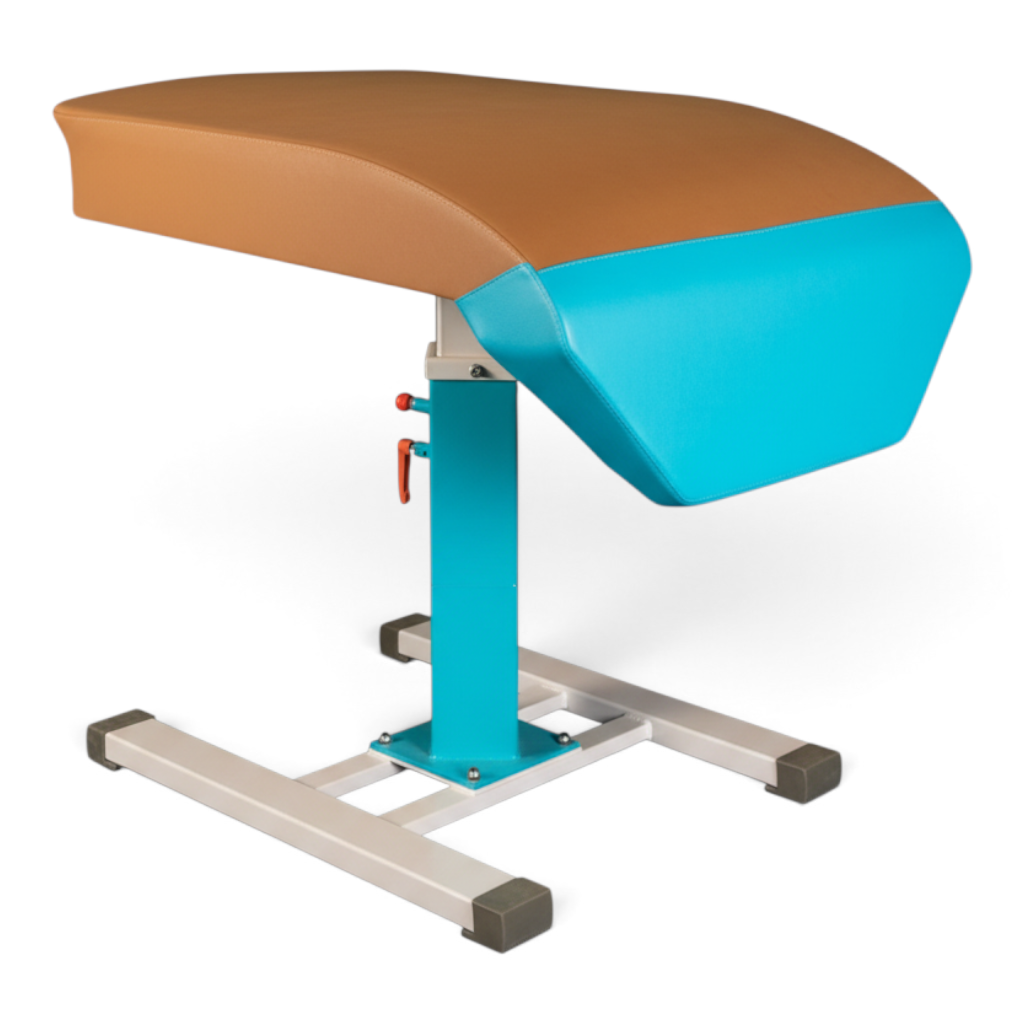 UK Gym Pits FIG approved gymnastics vaulting table with brown leatherette top, blue front section, and steel frame.