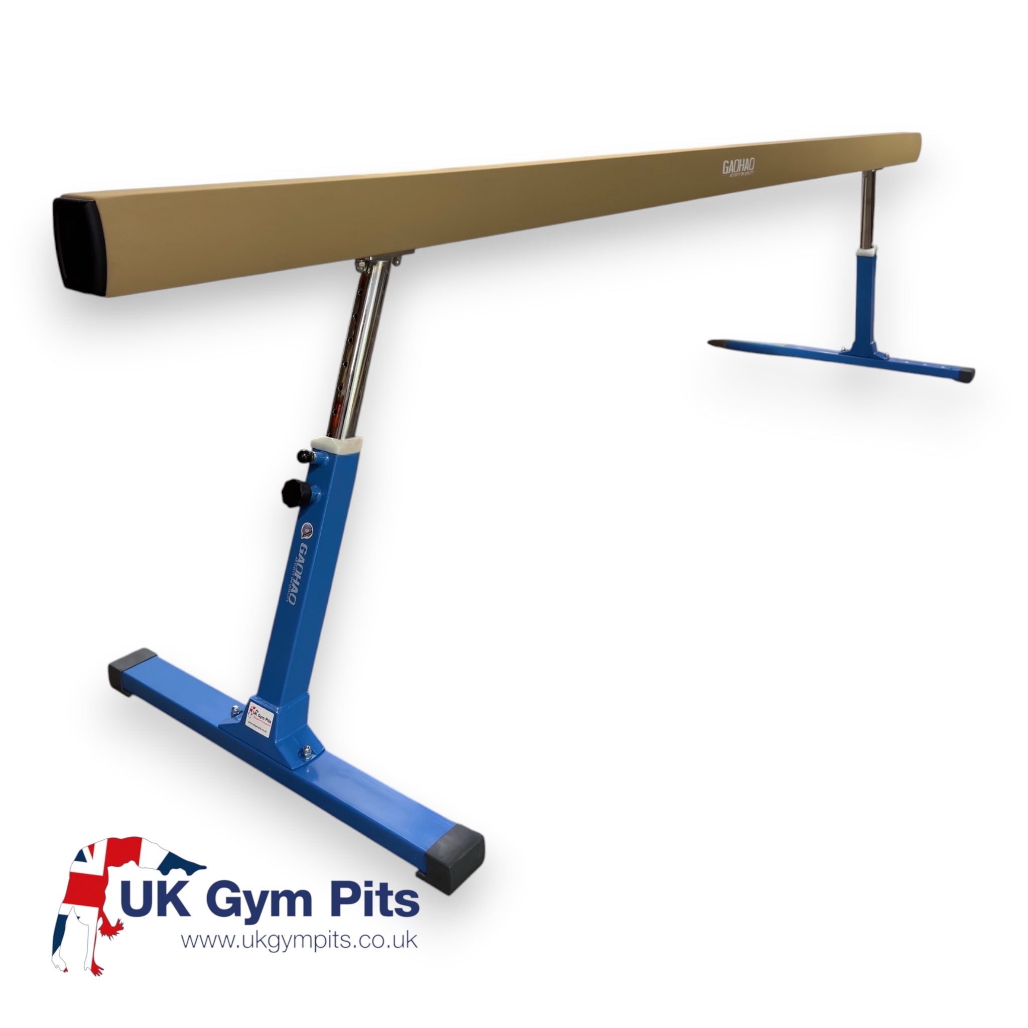 UK Gym Pits FIG approved gymnastics balance beam with tan PU leather surface and adjustable blue steel frame