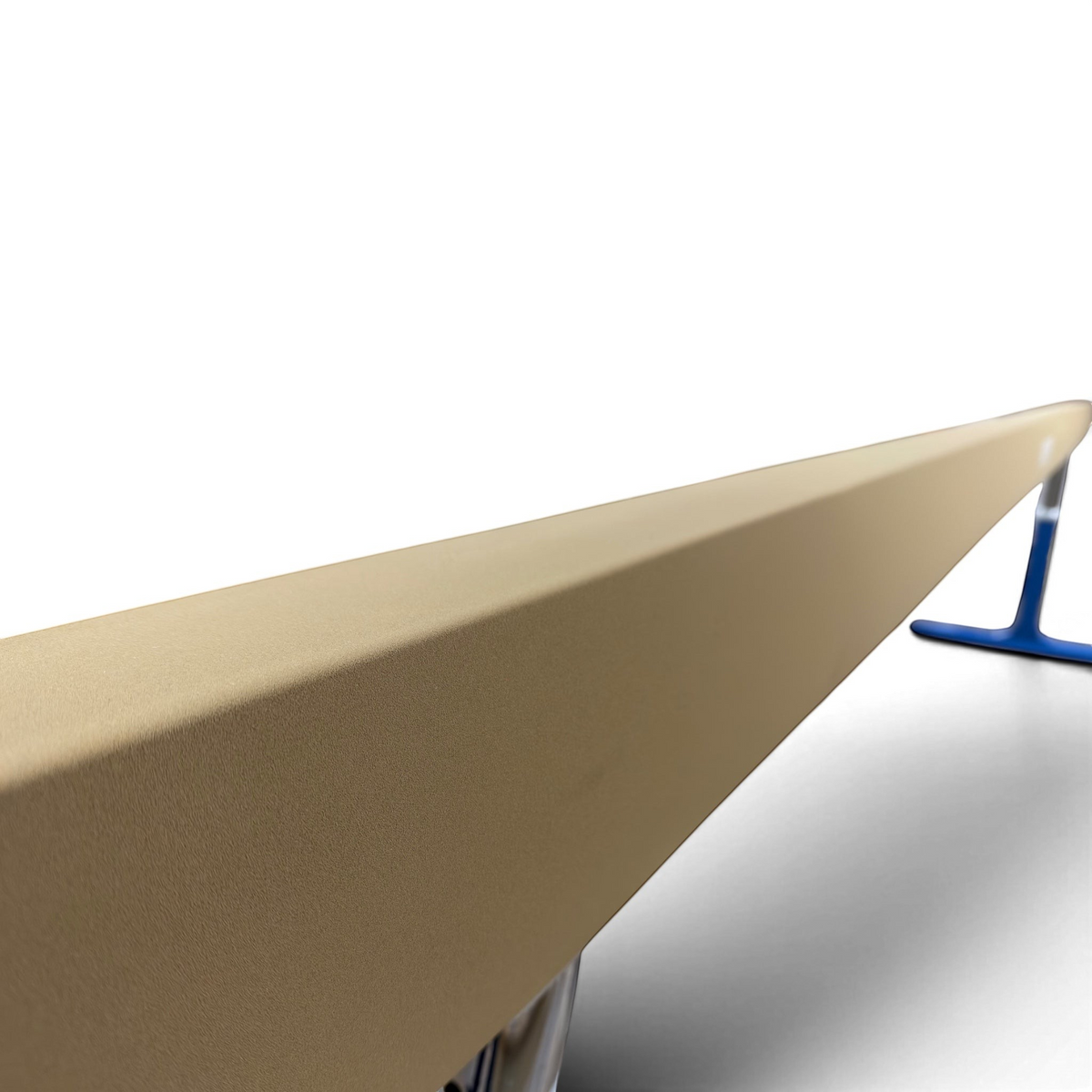 UK Gym Pits FIG approved gymnastics balance beam with tan anti-slip PU leather surface and blue steel support legs
