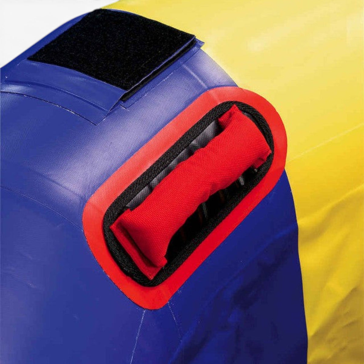 UK Gym Pits fitness wheel featuring a durable red handle, blue and yellow panels, and a black velcro attachment square.