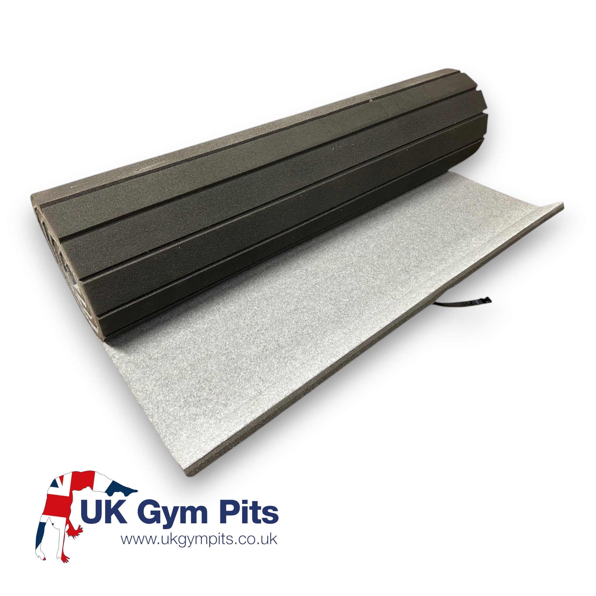 UK Gym Pits light grey flexi carpet mat roll with shock-absorbing XPE foam backing for gymnastics and cheerleading