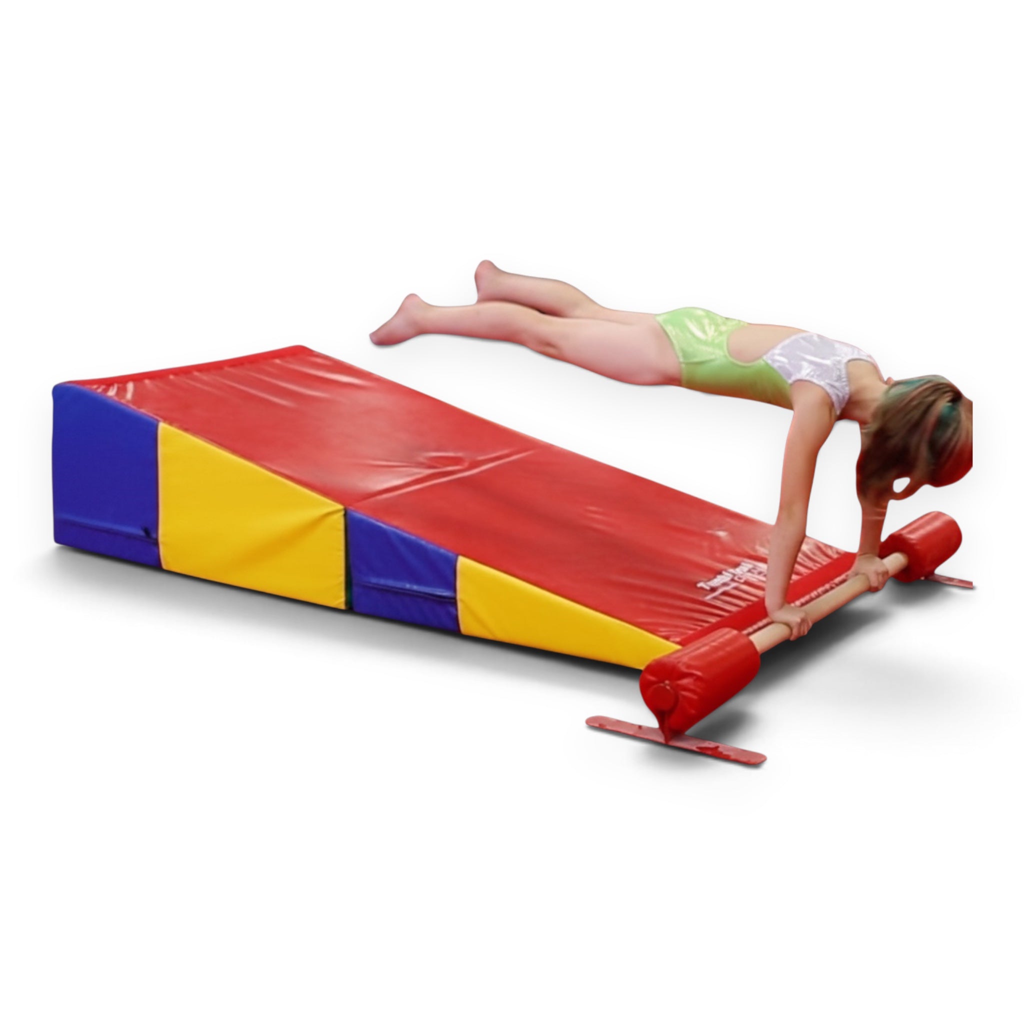 UK Gym Pits floor bar with red, blue, and yellow wedge mat being used by a gymnast for handstand training