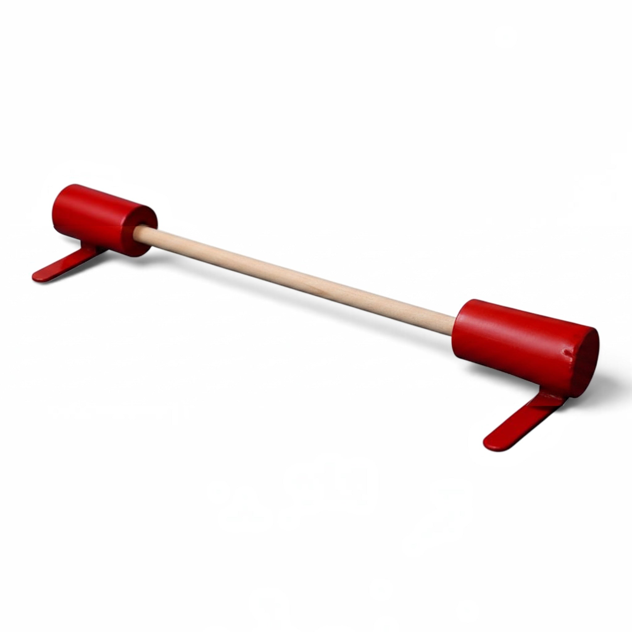 UK Gym Pits floor training bar with a wooden grip and red vinyl-covered foam pads for gymnastics handstand practice