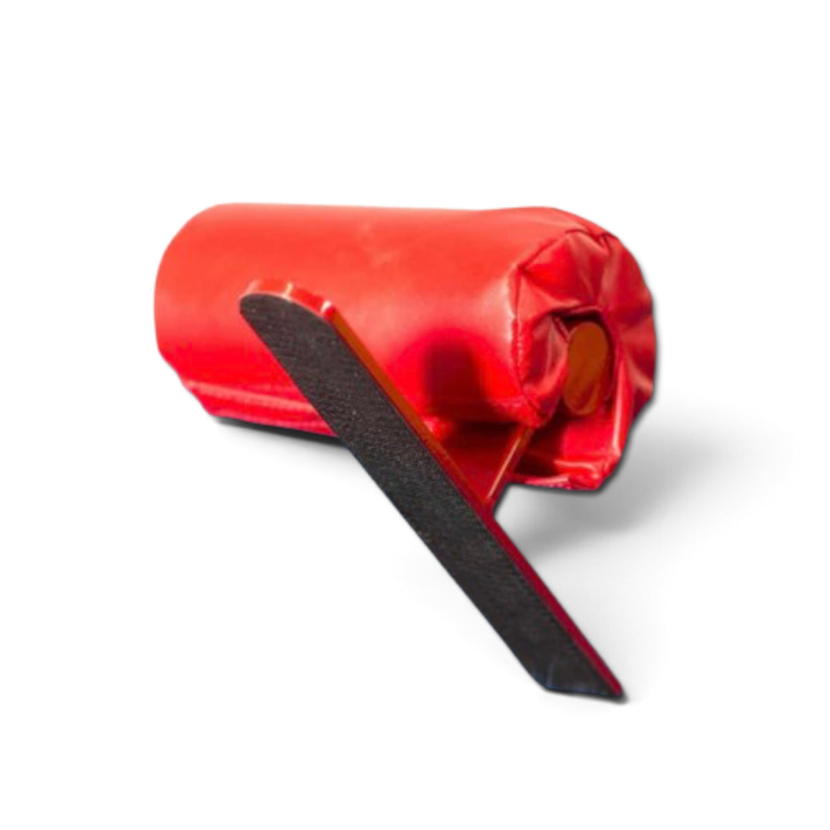 UK Gym Pits floor training bar with red vinyl foam padding and a secure Velcro base for gymnastics handstand drills.