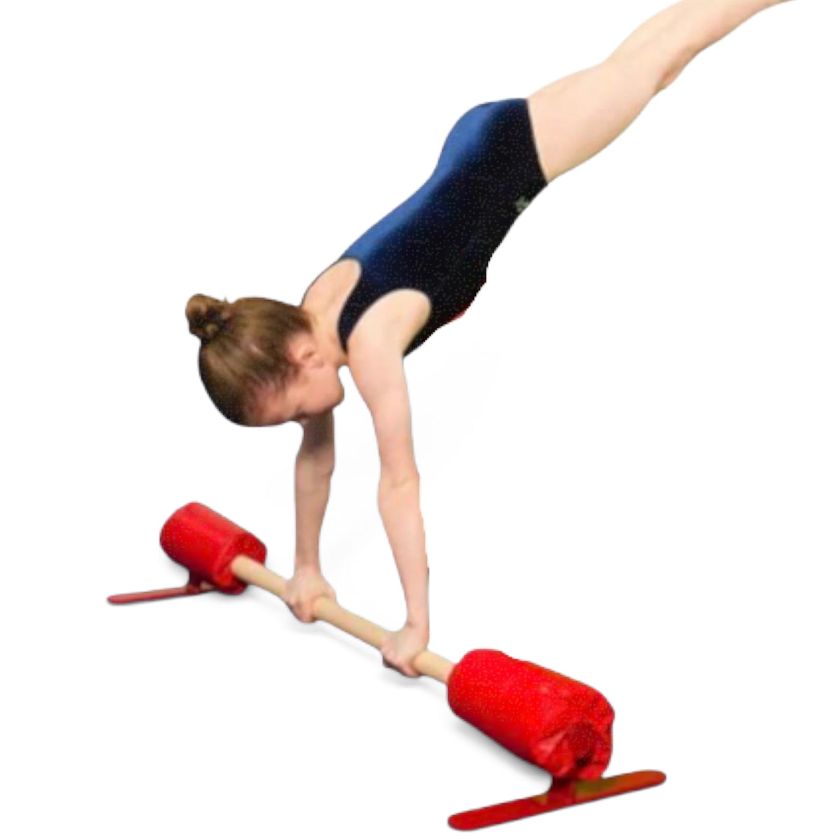 UK Gym Pits floor bar training station with a gymnast performing a handstand drill on the padded wooden bar.