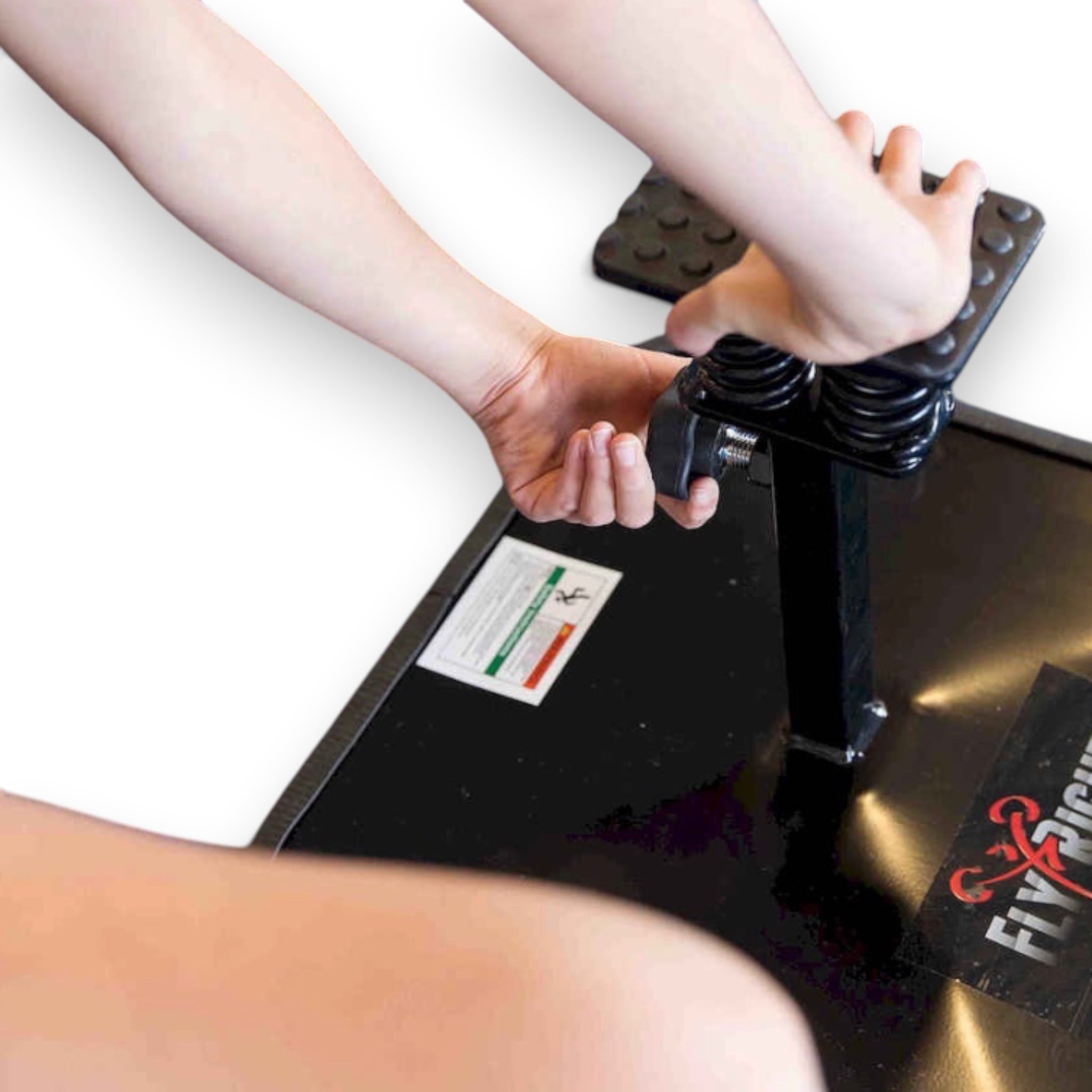 UK Gym Pits Fly Right black metal cheerleading stunting stand with adjustable height and non-slip foot rest