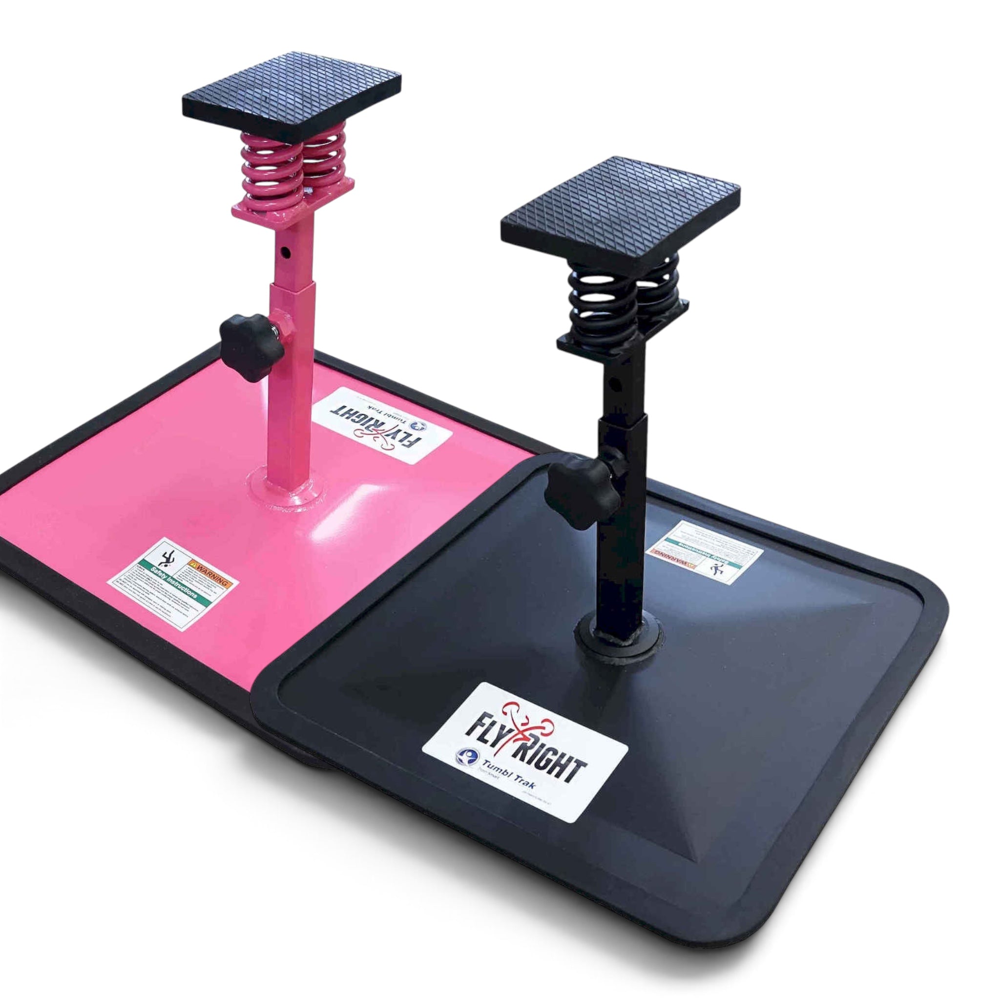 UK Gym Pits Fly Right adjustable cheerleading stunting stands in pink and black with non-slip foot rests and bases