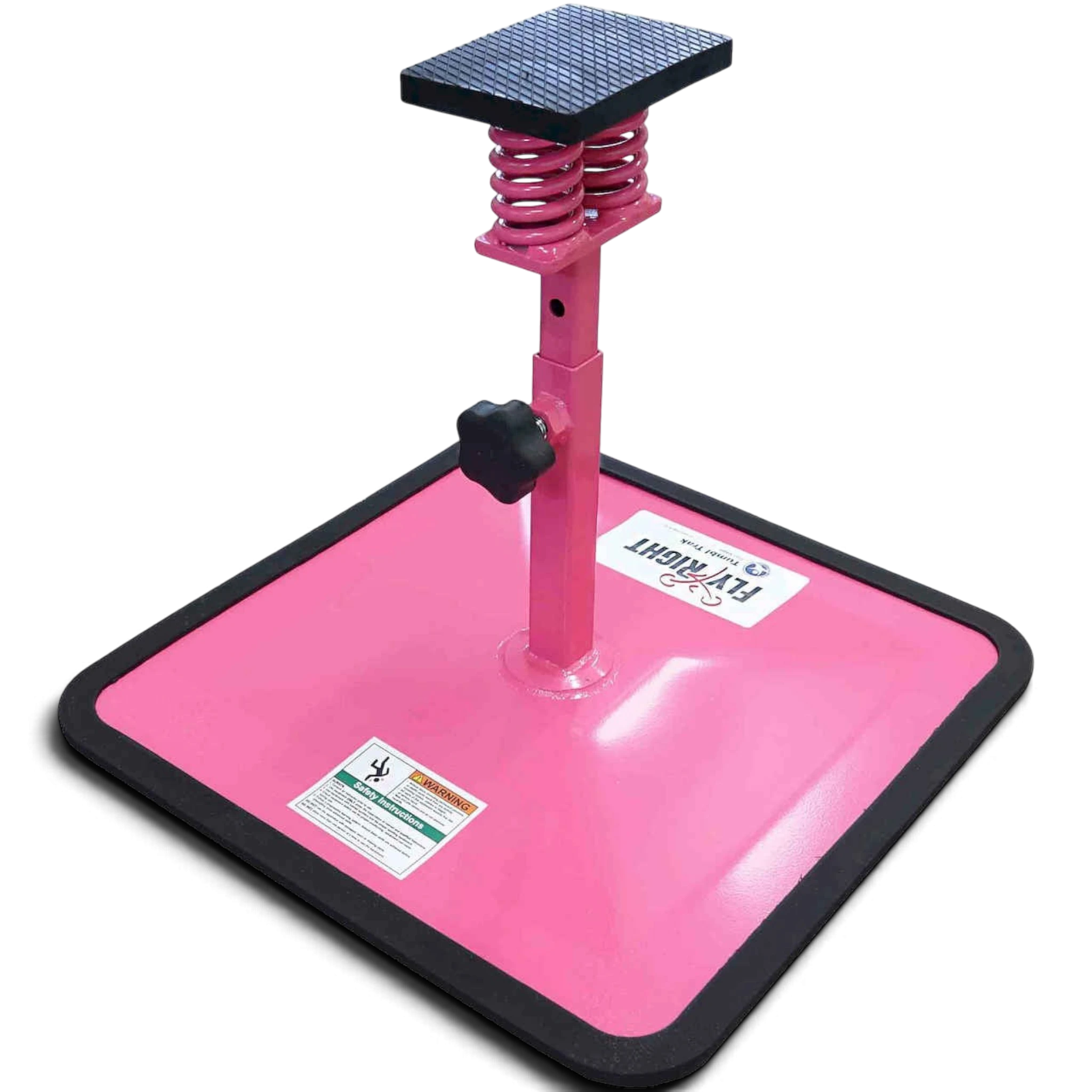 UK Gym Pits Fly Right stunting stand in pink with adjustable height, non-slip foot rest, and durable metal base.