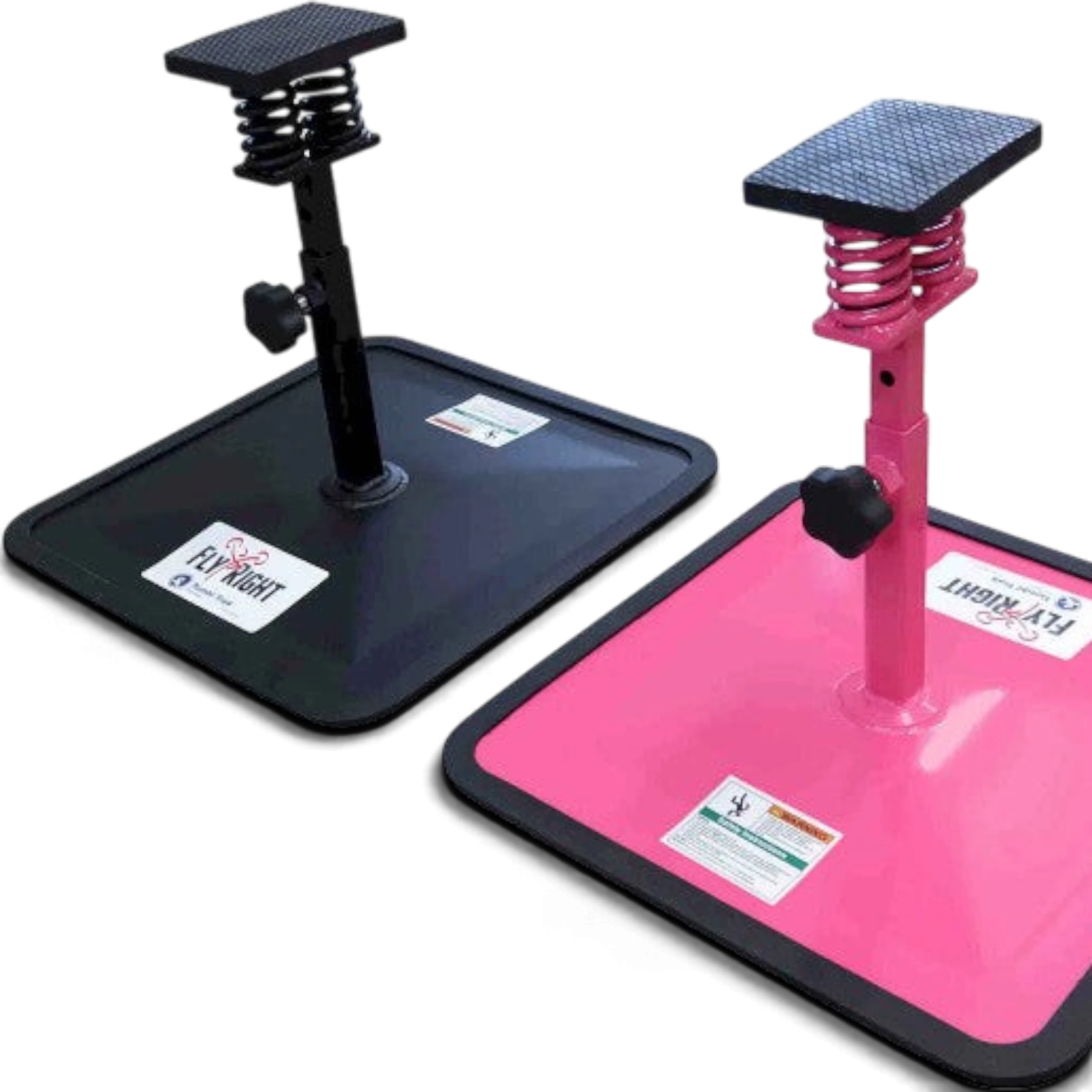 UK Gym Pits Fly Right stunting stands in pink and black, featuring adjustable height metal frames and non-slip foot rests.
