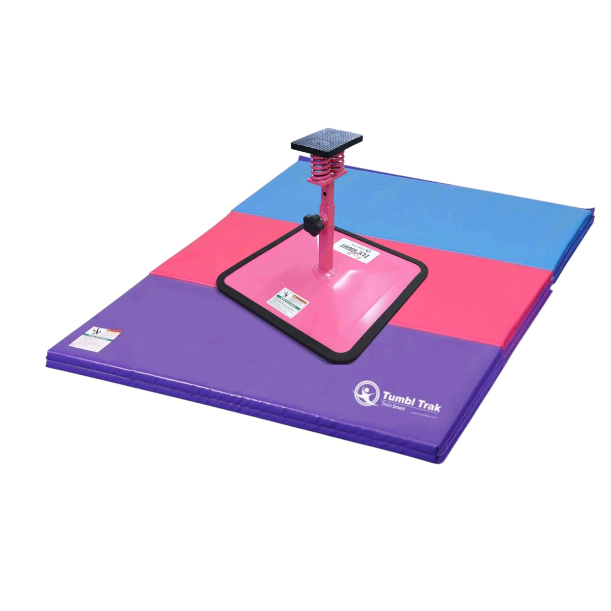 UK Gym Pits Flyers Dream Package featuring a pink Fly Right stunting stand on a blue and purple folding tumbling mat