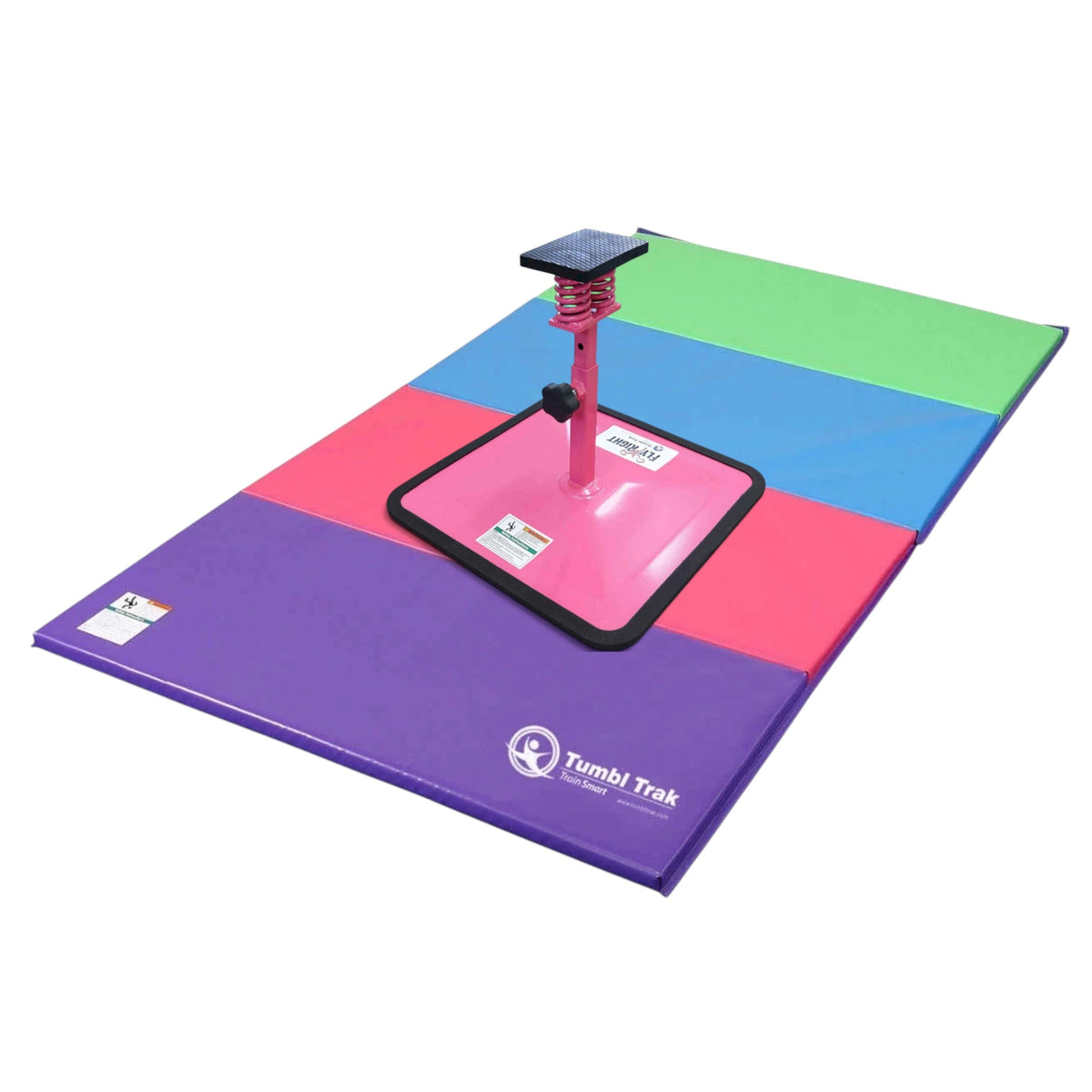 UK Gym Pits Flyers Dream Package featuring a pink Fly Right stunting stand on a multi-coloured folding tumbling mat.