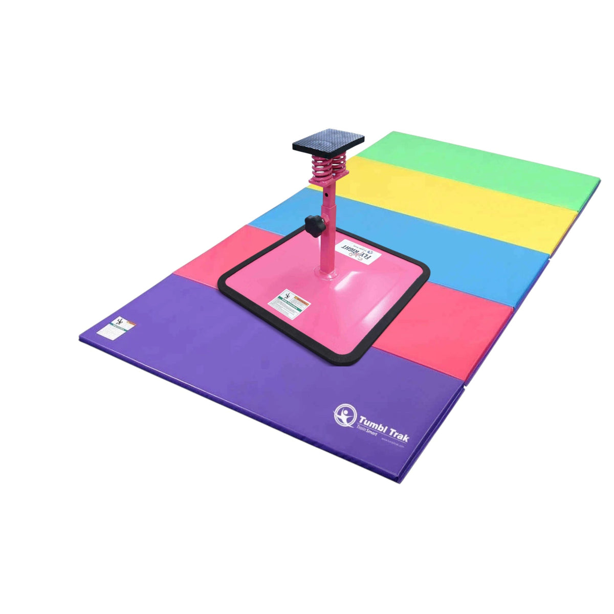 UK Gym Pits Flyers Dream Package featuring a pink Fly Right stunting stand on a multi-coloured folding tumbling mat.