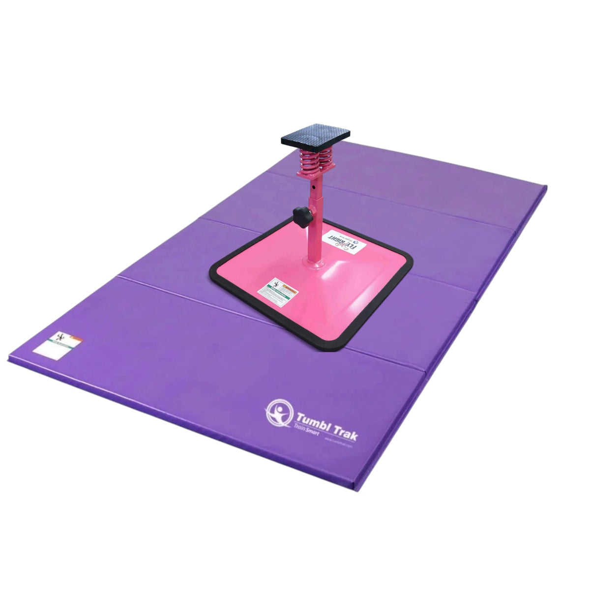 UK Gym Pits Flyers Dream Package with a pink Fly Right stunting stand on a purple folding vinyl tumbling mat