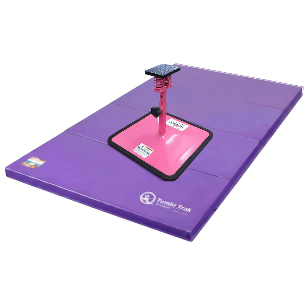 UK Gym Pits Flyers Dream Package featuring a pink Fly Right stunting stand on a purple folding vinyl tumbling mat.