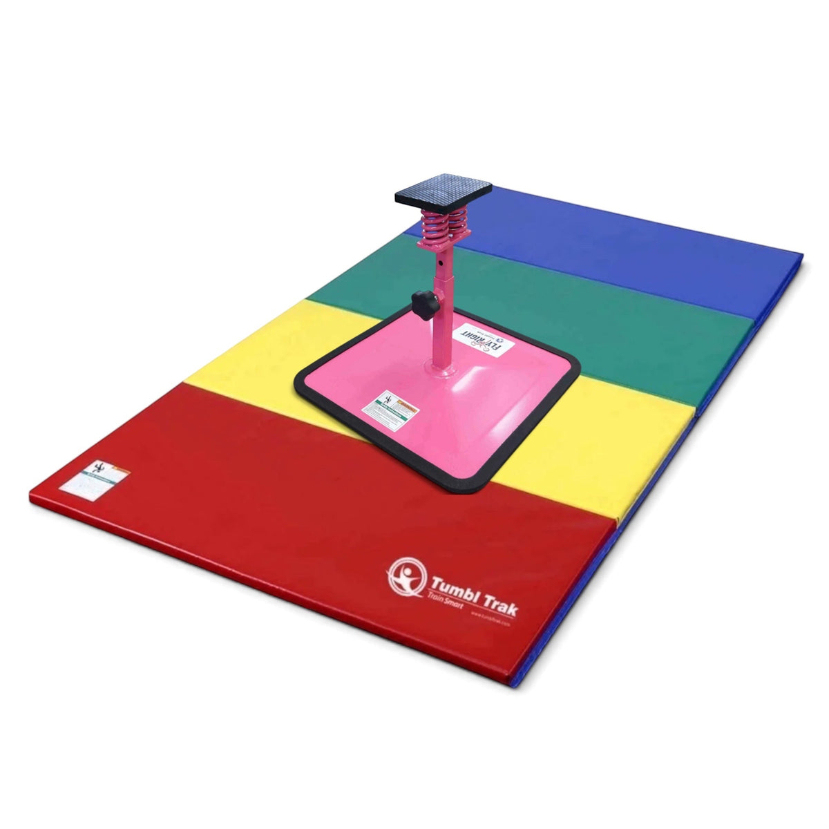 UK Gym Pits Flyers Dream Package featuring a pink Fly Right stunting stand on a multi-coloured folding tumbling mat.