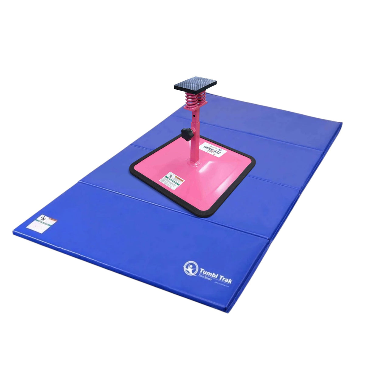 UK Gym Pits Flyers Dream Package featuring a pink Fly Right stunting stand on a blue folding vinyl tumbling mat.