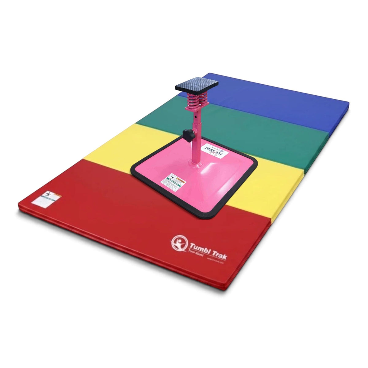 UK Gym Pits Flyers Dream Package featuring a pink Fly Right stunting stand on a multi-coloured folding tumbling mat.