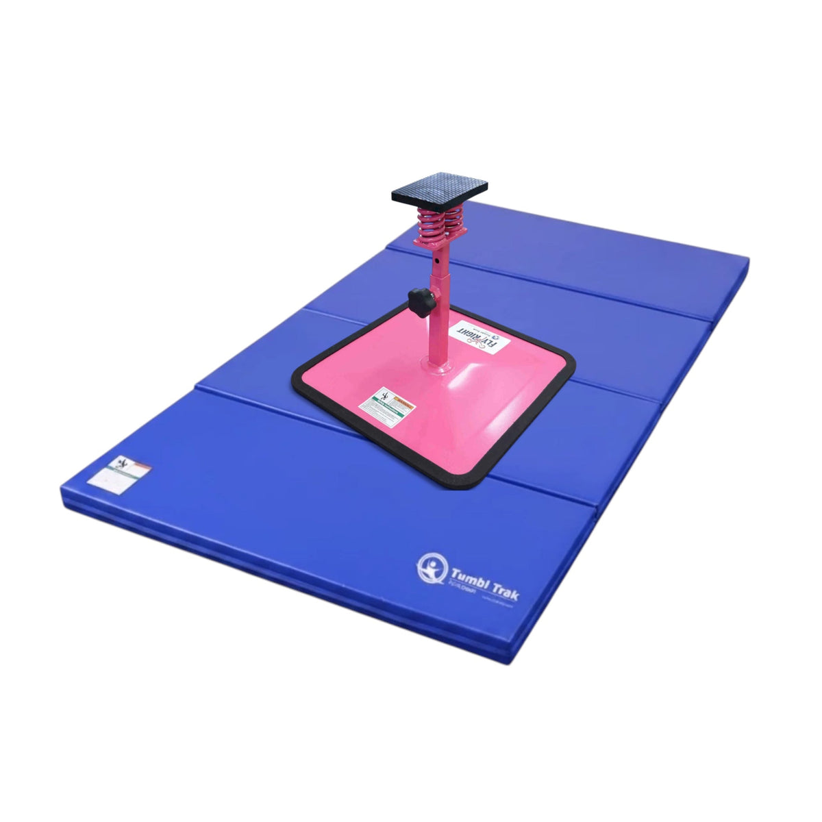 UK Gym Pits Flyers Dream Package featuring a pink Fly Right stunting stand on a blue folding vinyl tumbling mat.